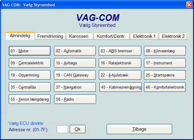 VAG-Com styreenheds valg